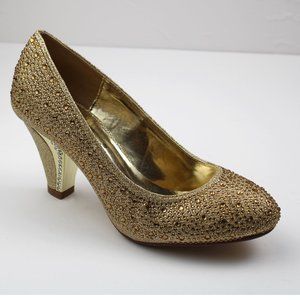 🔥 Women's Low Heel Rhinestone Gold Knit Round Toe Low Heel Pump Shoe Dressy